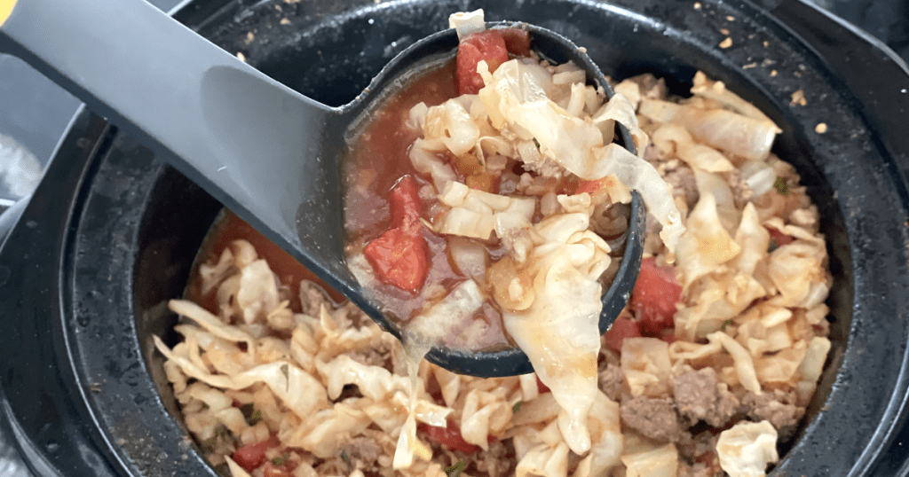 Serving Crockpot keto cabbage roll soup