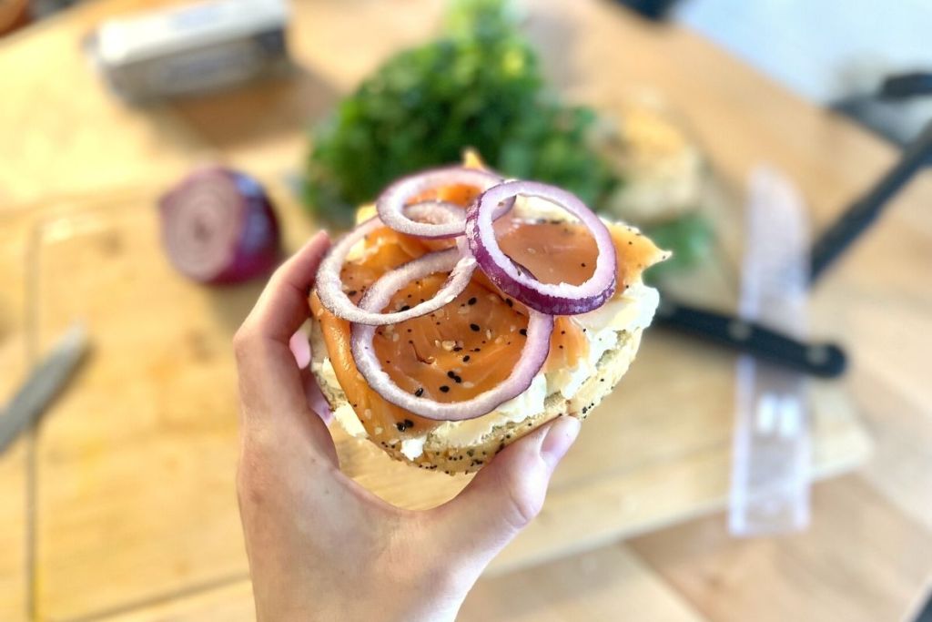 everything bagel with lox and onion