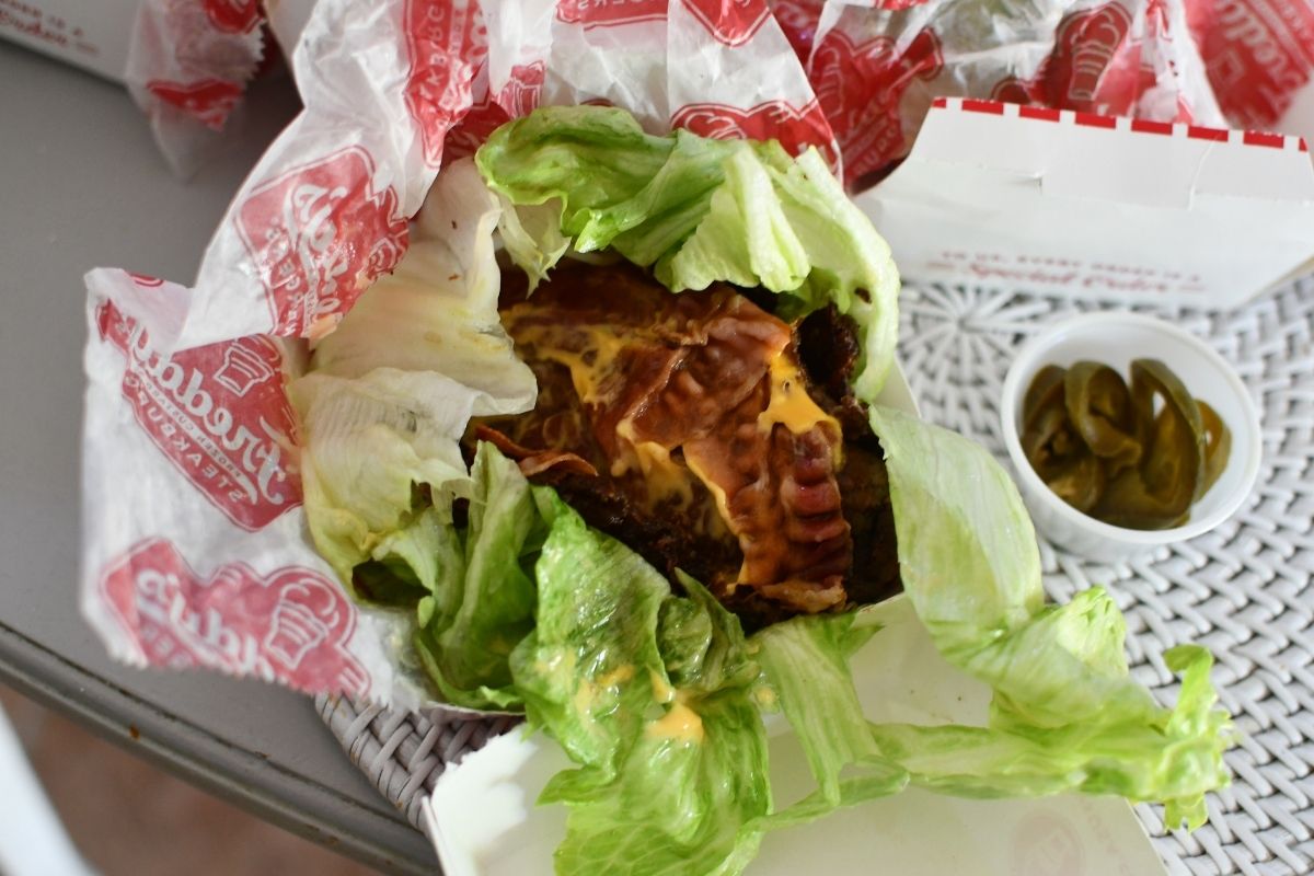 Double Bacon Steakburger lettuce wrap from Freddy's menu keto options