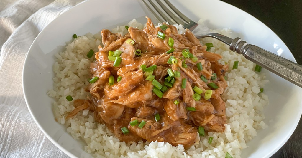 keto bourbon pulled chicken on cauliflower rice