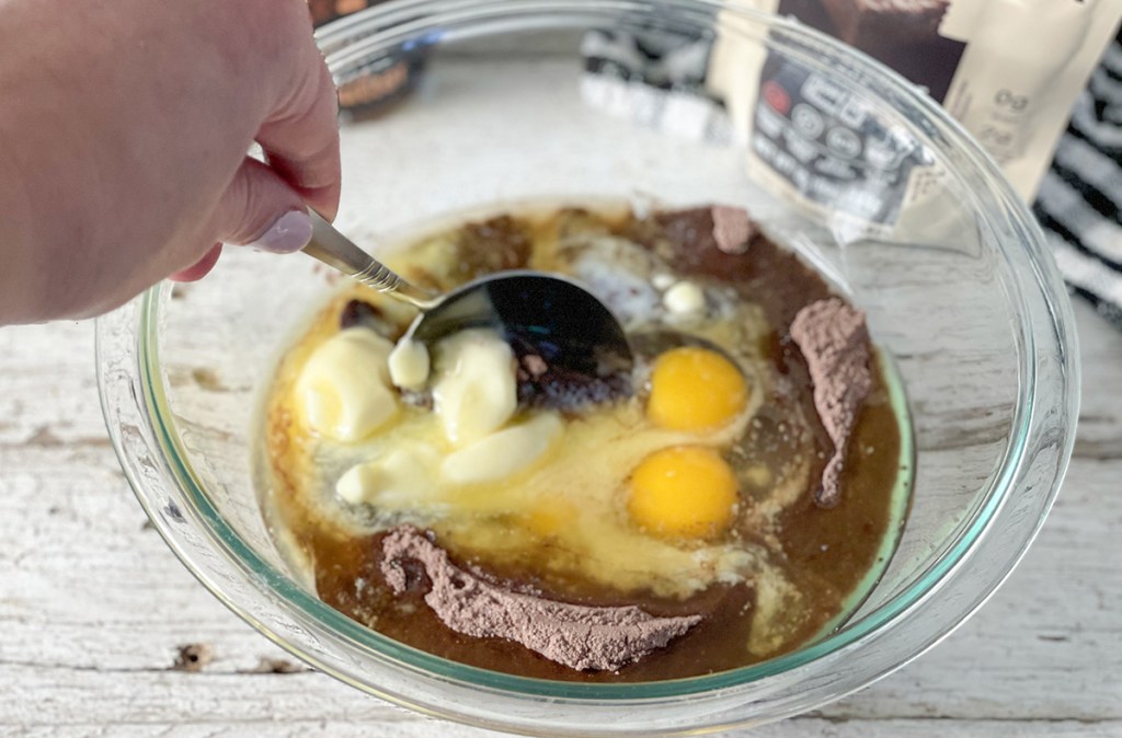 stirring together batter ingredients