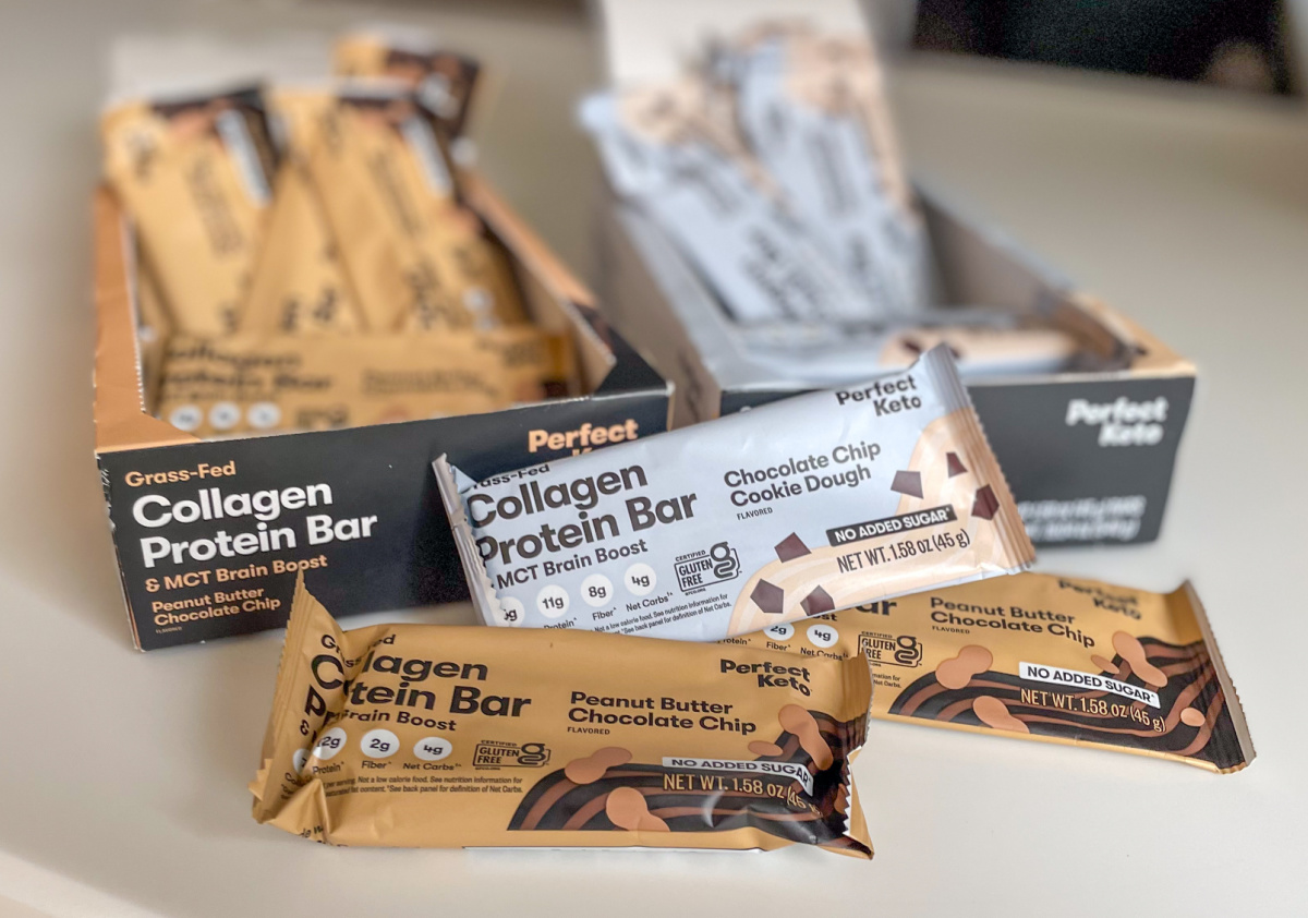 Low Carb Collagen Protein Bars from Perfect Keto displayed on a kitchen counter