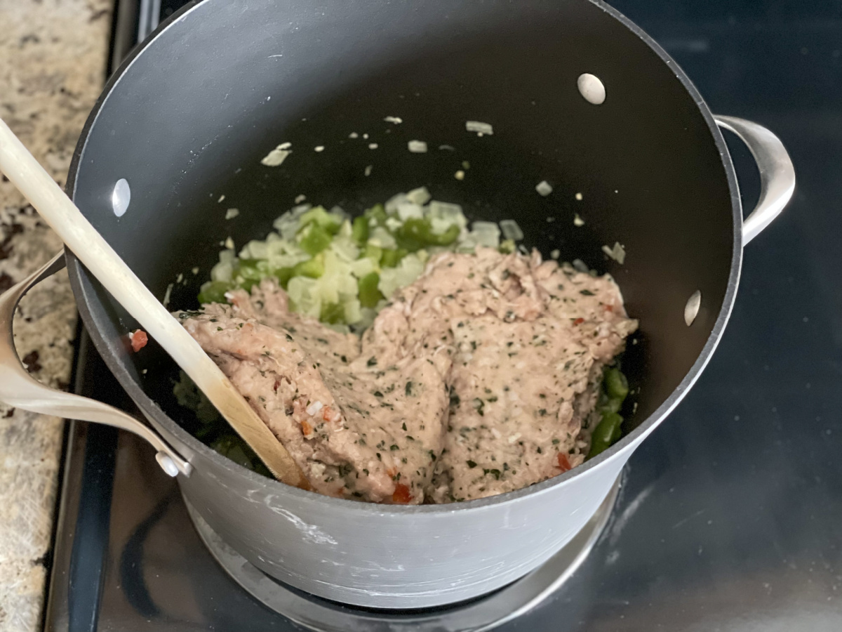 ground chicken in stockpot with veggies 