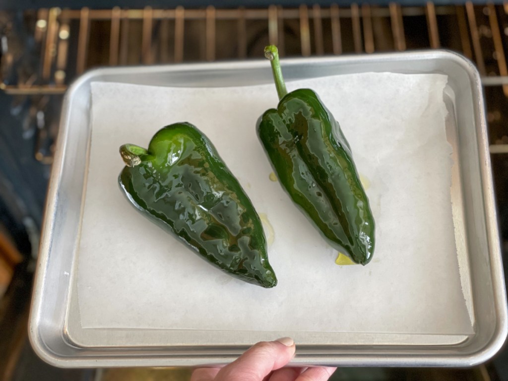 poblano peppers on baking sheet