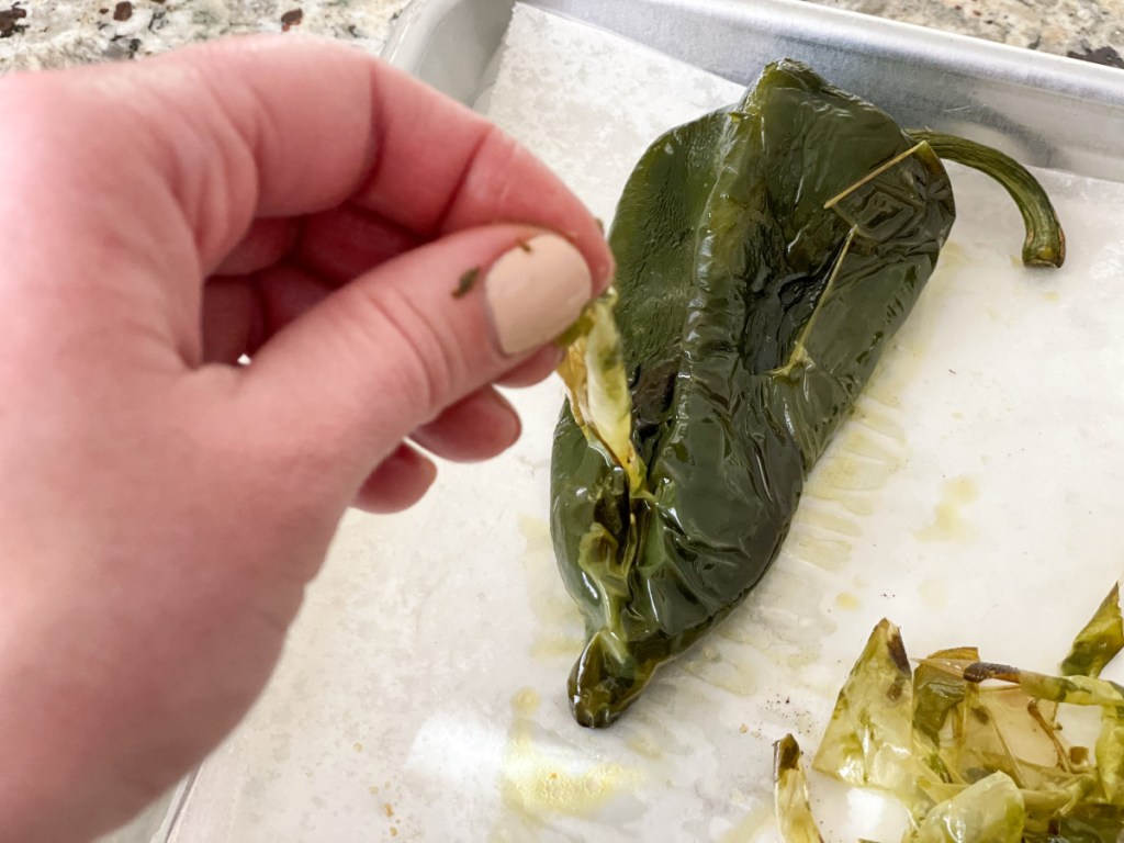 taking the skin off roasted poblano peppers 