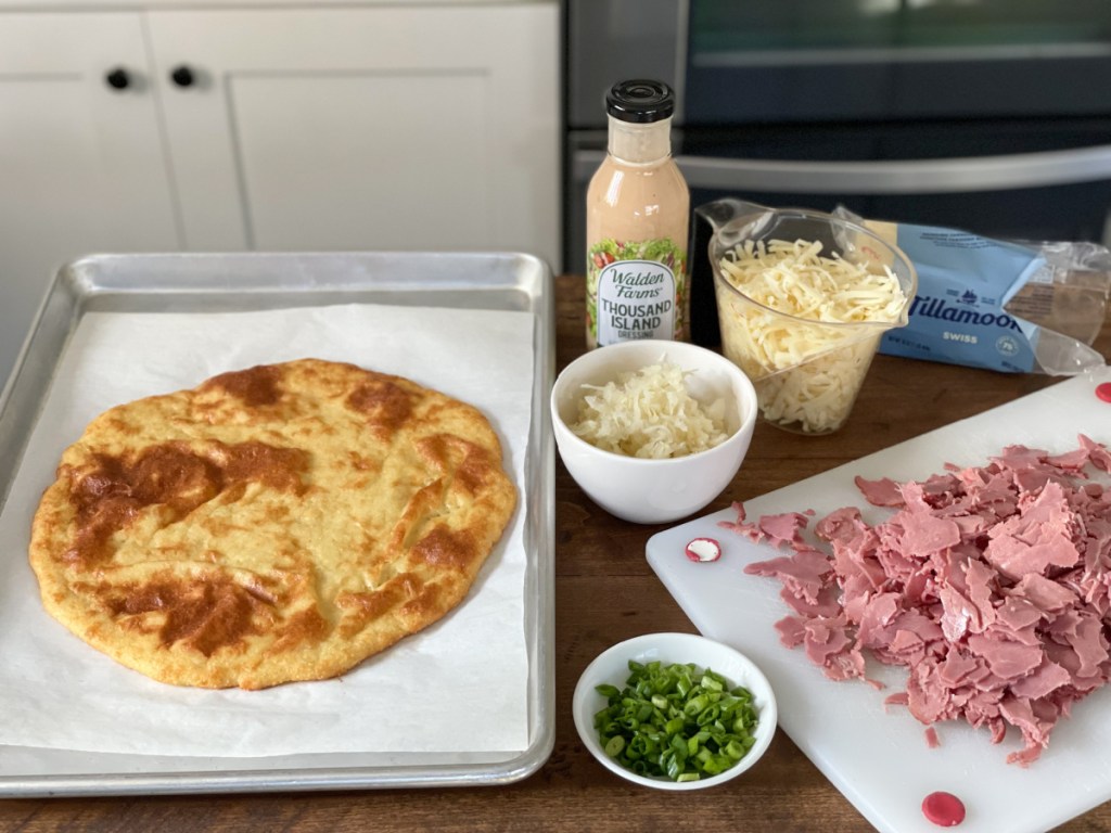 getting ready to assemble keto reuben pizza