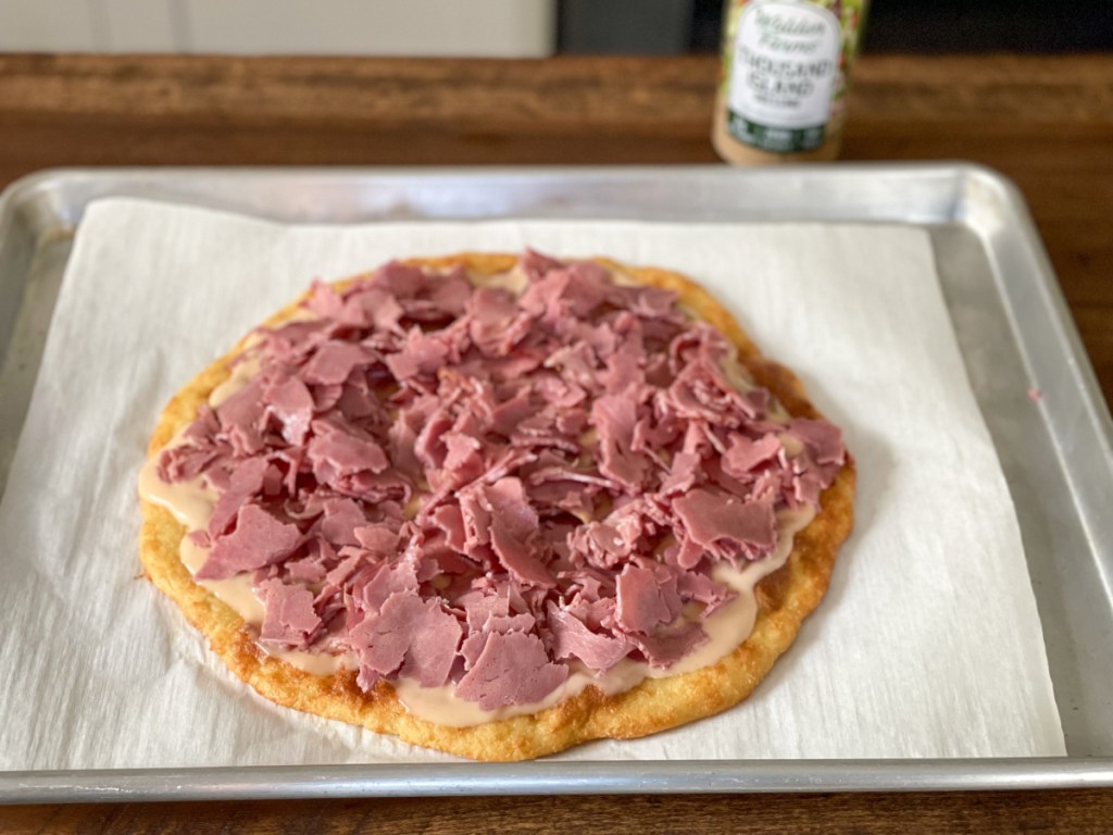 corned beef on reuben pizza