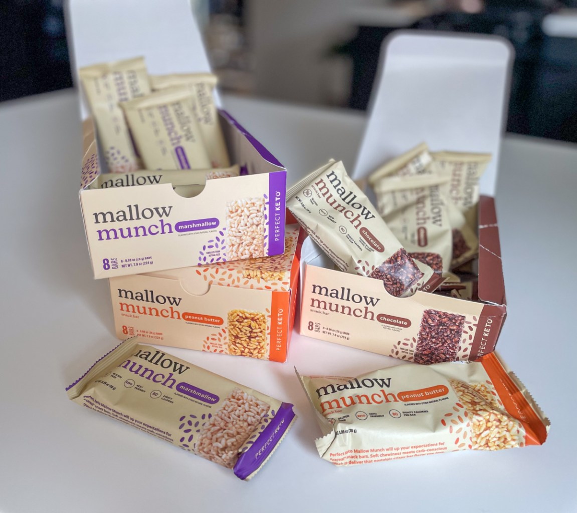 Several boxes of Perfect Keto Mallow Munch bars, a low carb treat we love!