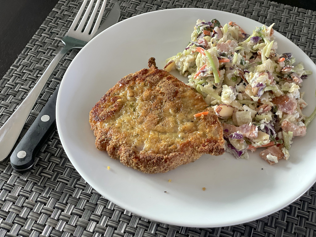 keto shake n bake pork chop with coleslaw 