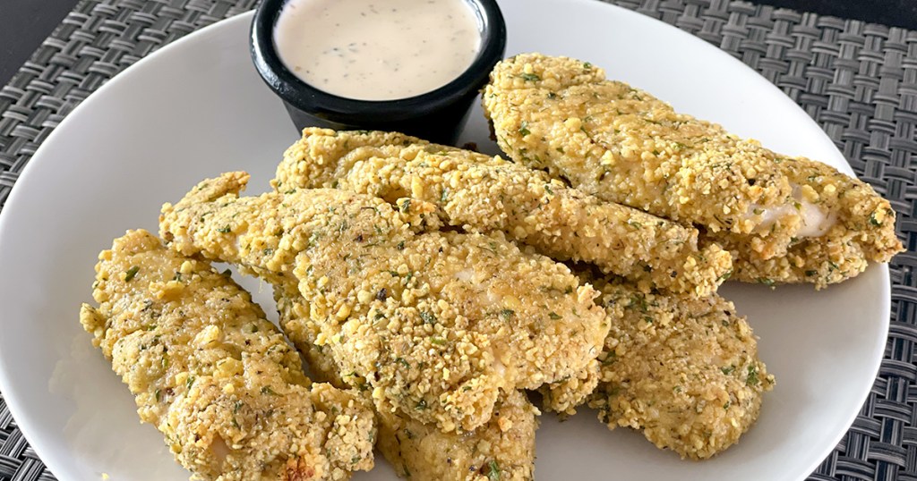 keto shake n bake breaded chicken strips with dipping sauce