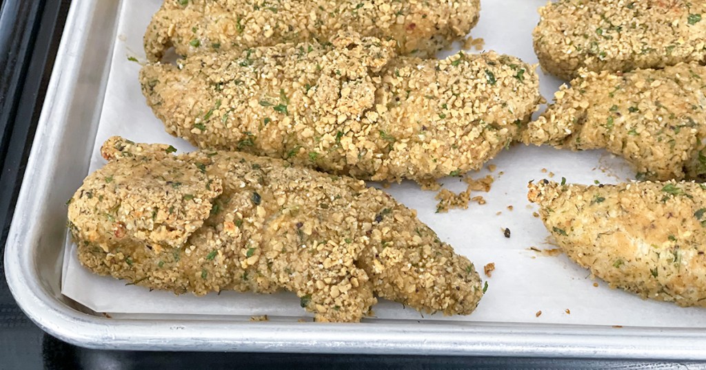 keto breaded chicken on sheet pan