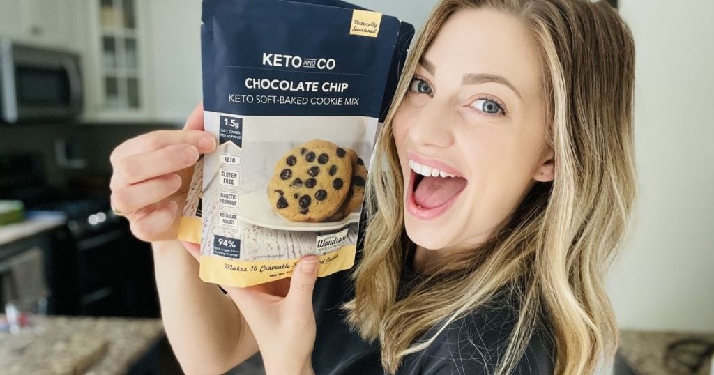 woman holding keto chocolate chip cookie mix