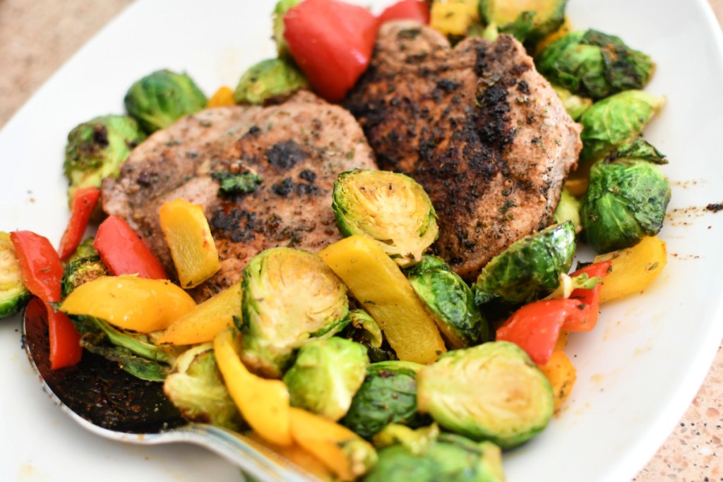 up close pork chops and veggies