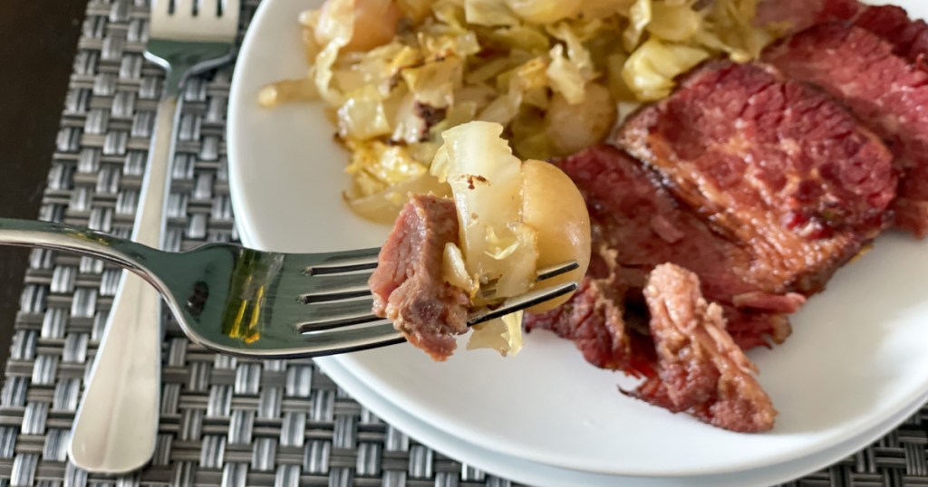 keto corned beef and cabbage on a fork