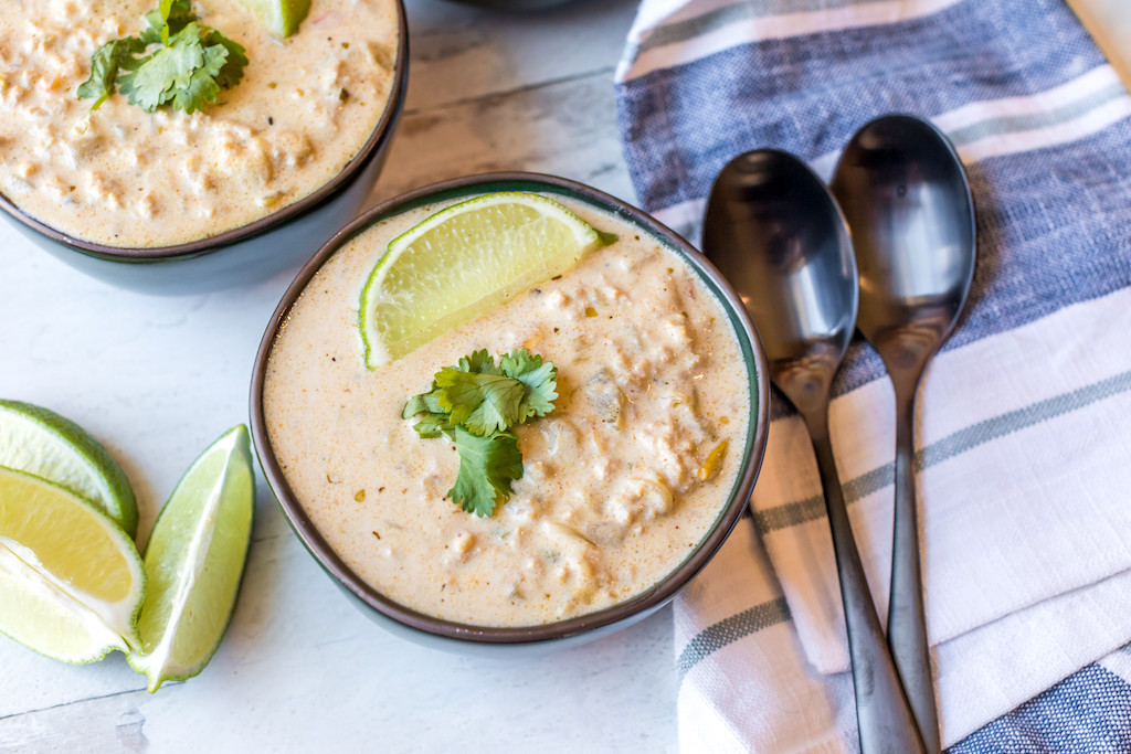 keto cream cheese chicken chili in bowl with lime wedge 