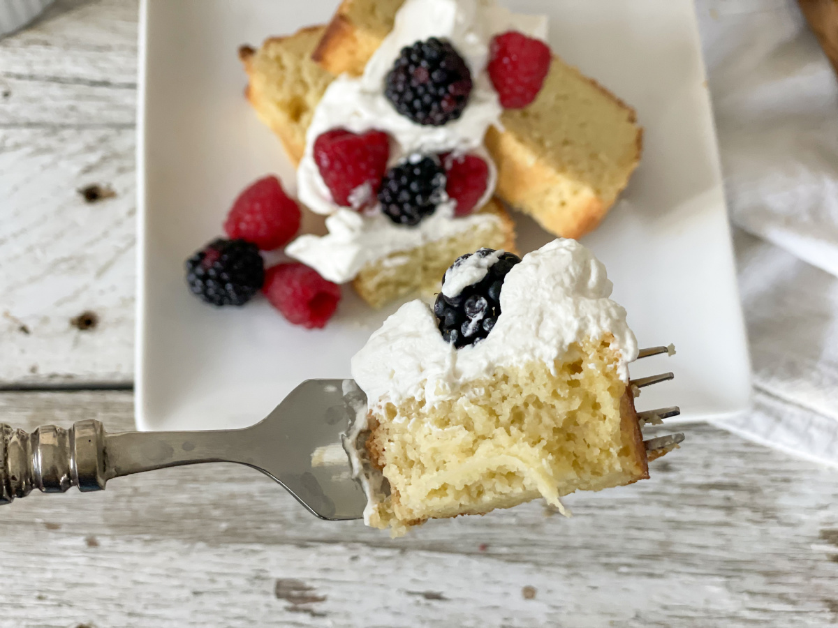 fork bite of Keto lemon Pound Cake