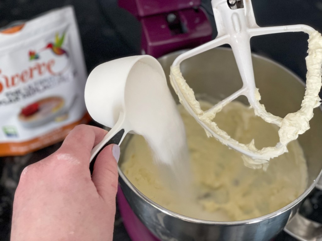 adding keto sweetener to mixing bowl