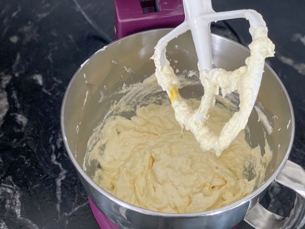Cake batter in a mixing bowl