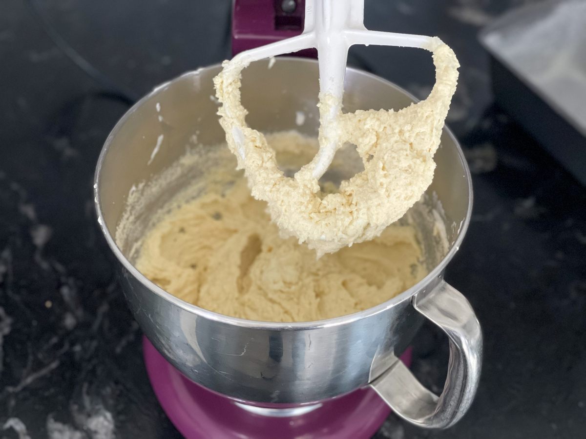 Cake batter in mixing bowl