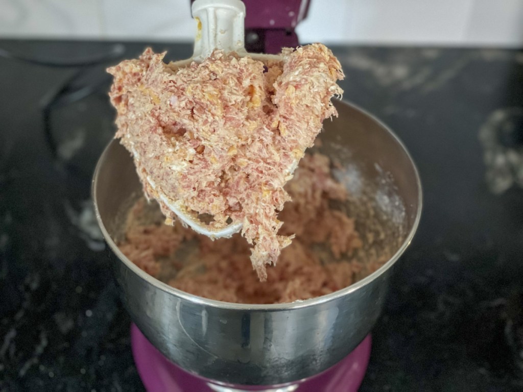 ground sausage in mixing bowl