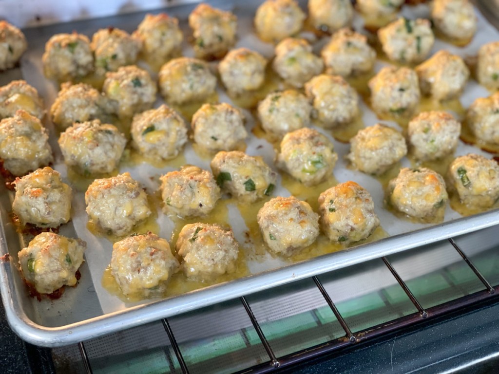 Keto Cream Cheese Sausage Balls in the oven