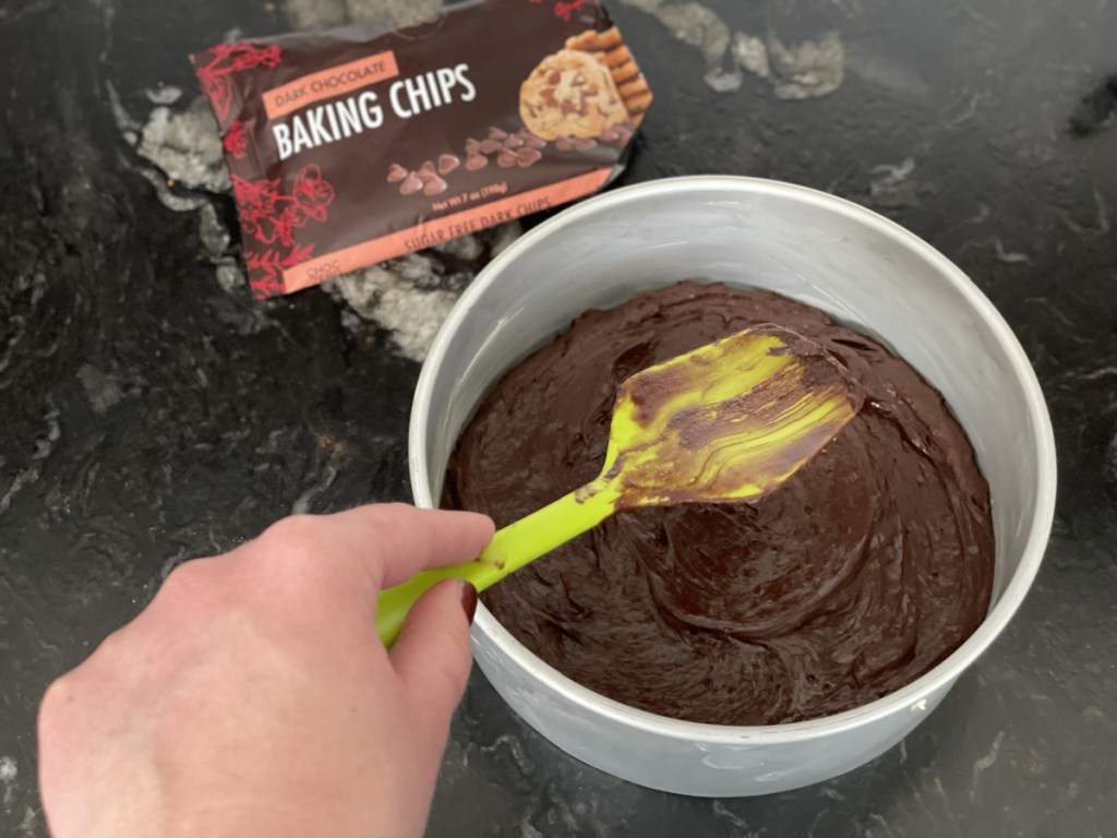 keto flourless chocolate cake in cake pan