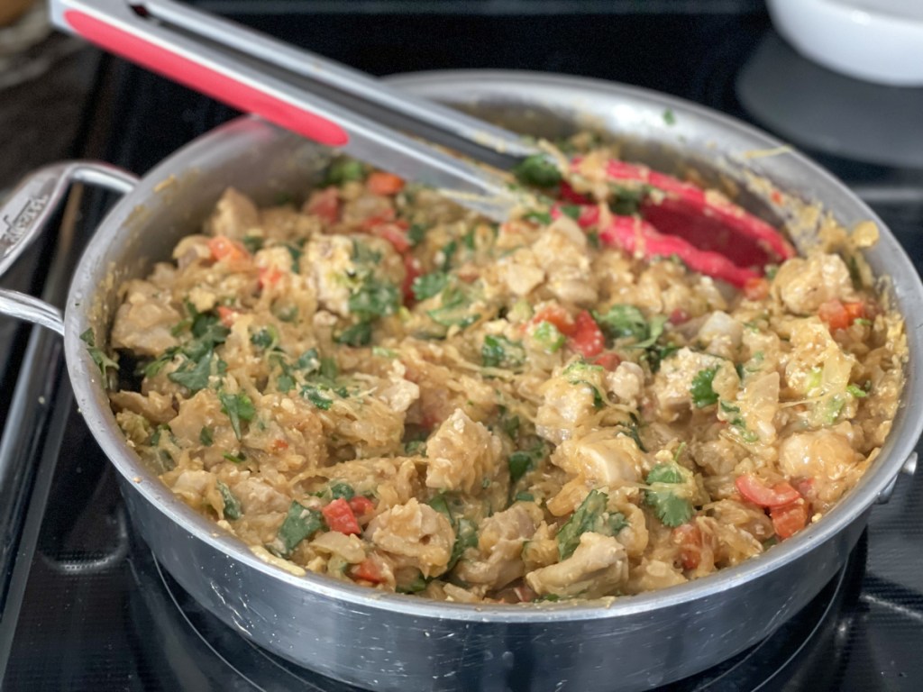 keto pad thai with spaghetti squash in a skillet 