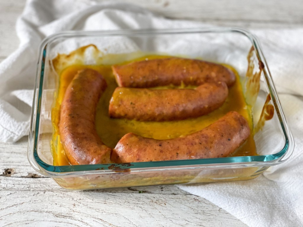 baked keto sausage with apricot mustard glaze