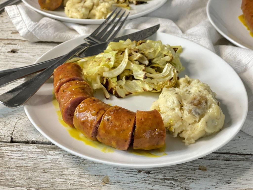 Sausage with Apricot Mustard glaze plated 