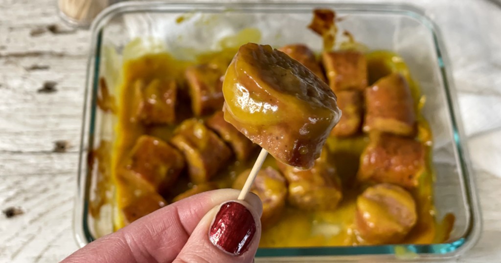 Sausage with Apricot Mustard glaze piece on a toothpick 