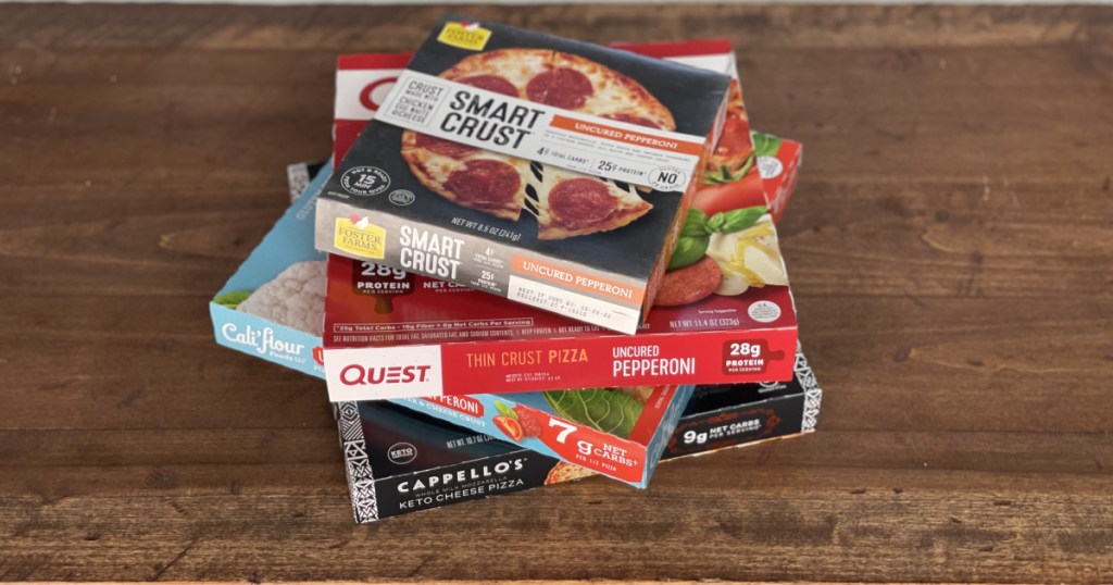frozen keto pizza boxes stacked