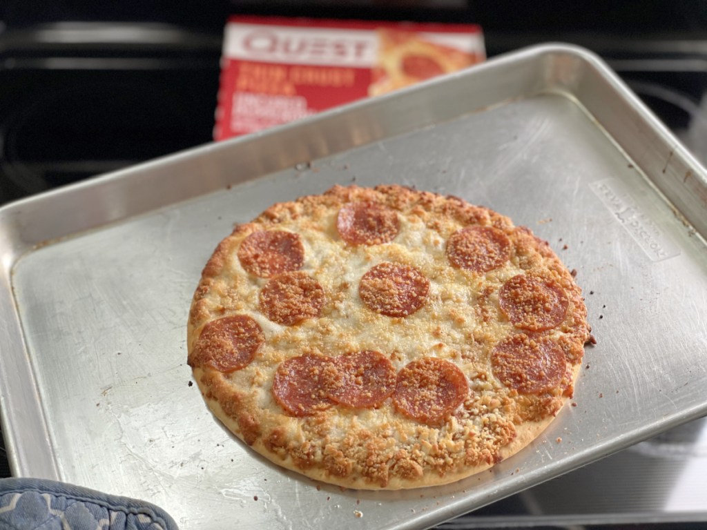 quest frozen keto pizza on a baking tray