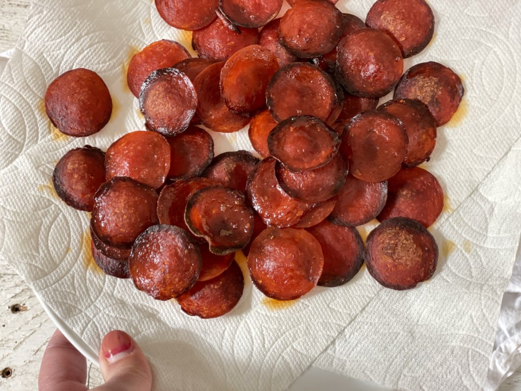 pepperoni chips on paper bowl