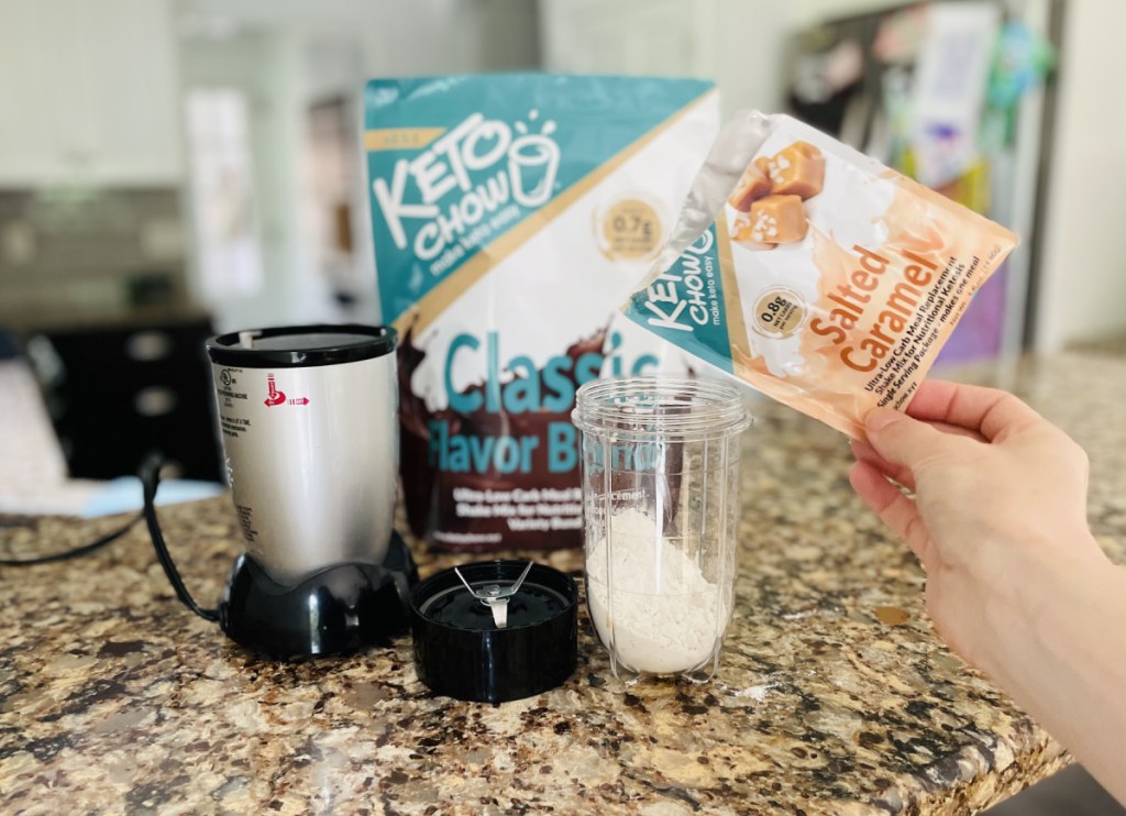 Person demonstrating how to make a keto chow shake