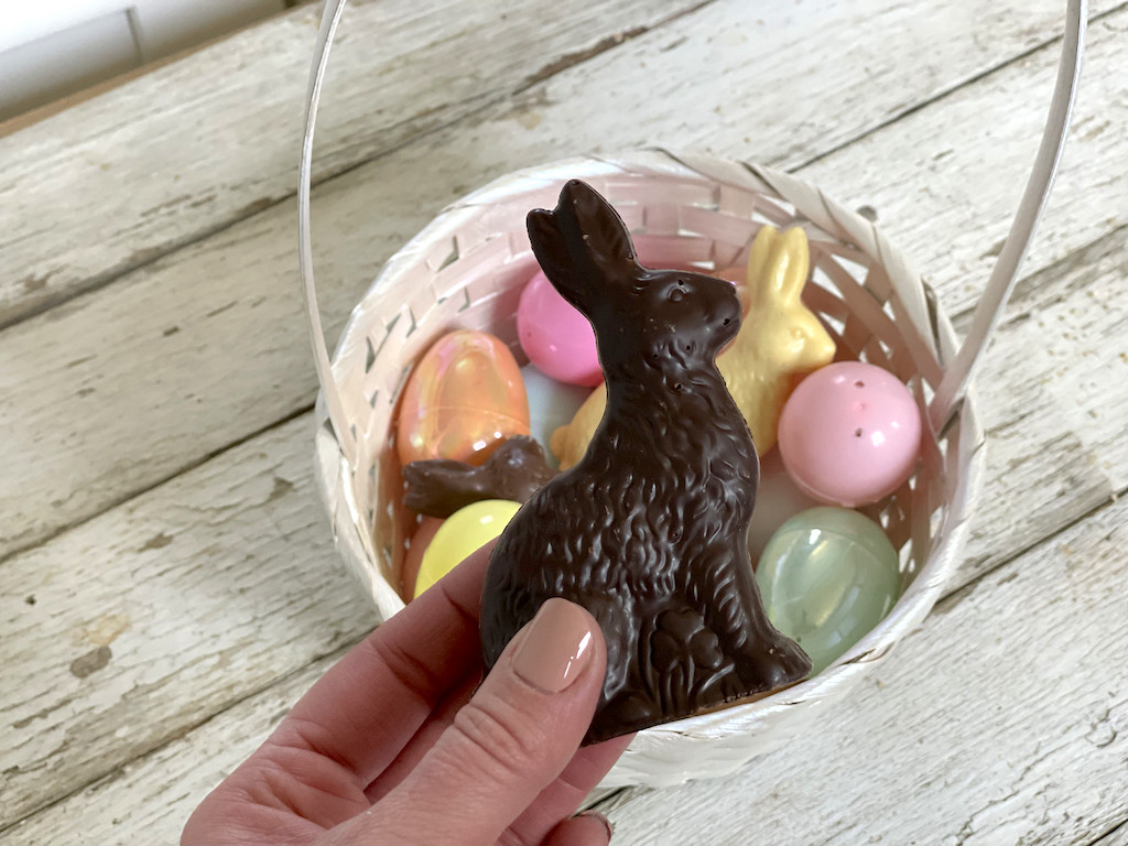 holding ChocZero dark chocolate Easter bunny 