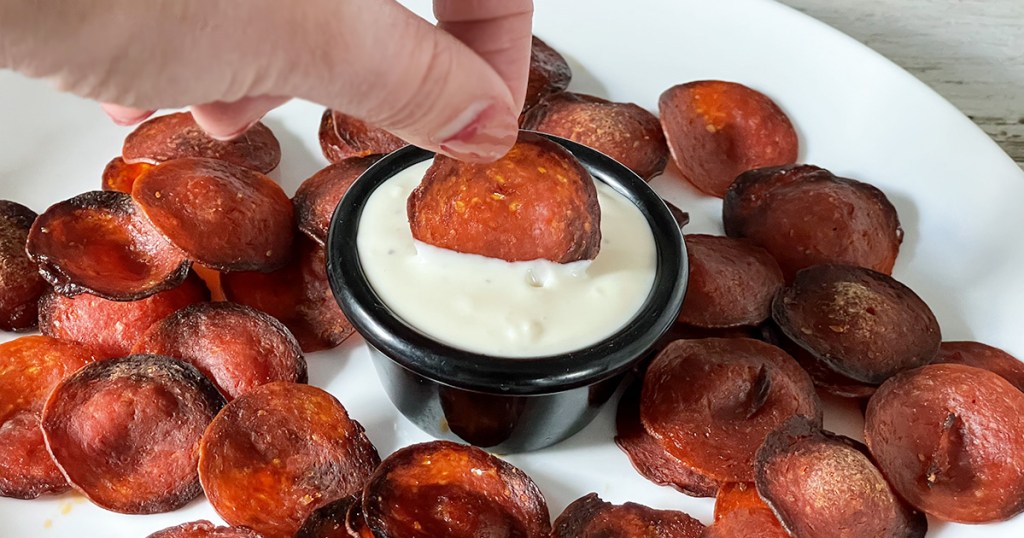 dipping keto pepperoni chips
