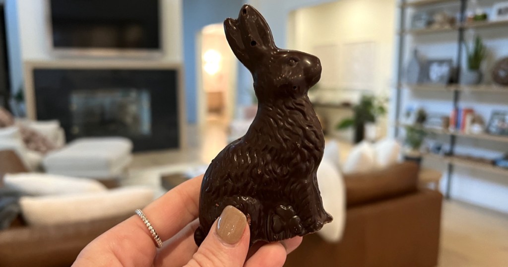 holding ChocZero chocolate Easter bunny