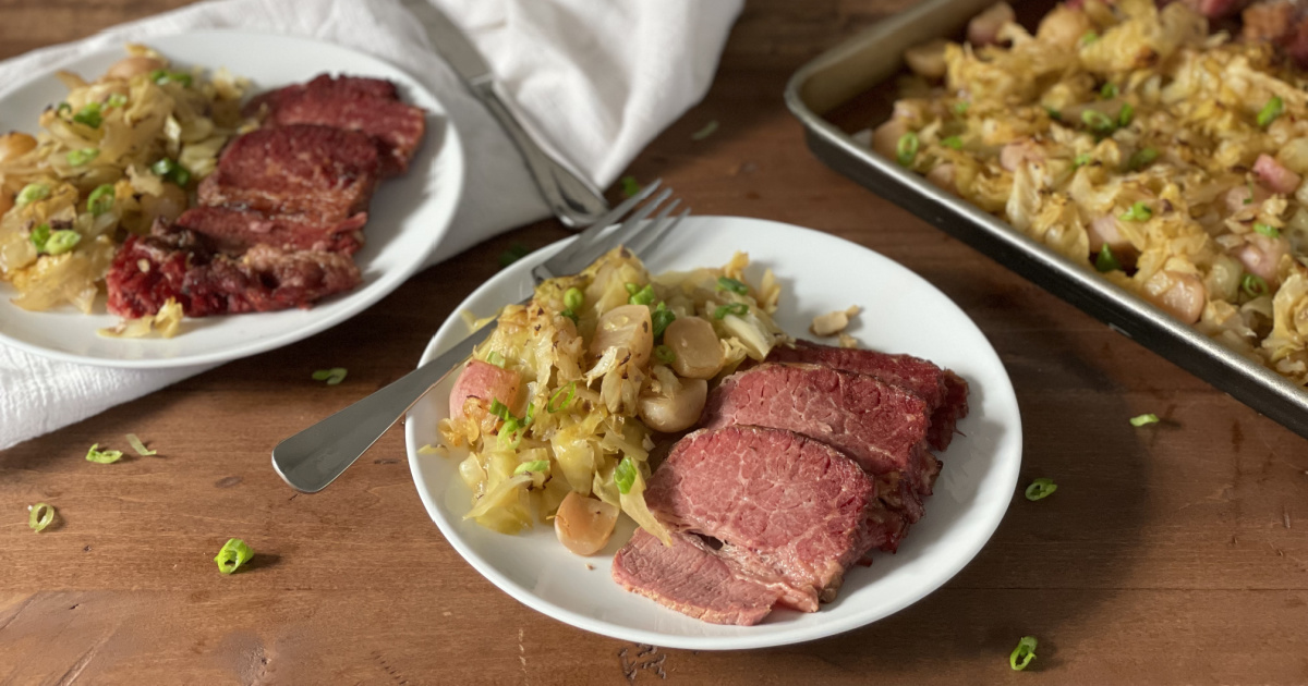plate of keto corned beef and cabbage with a side of radish potatoes