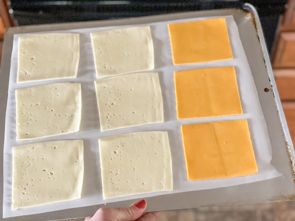 cheese slices on baking sheet 