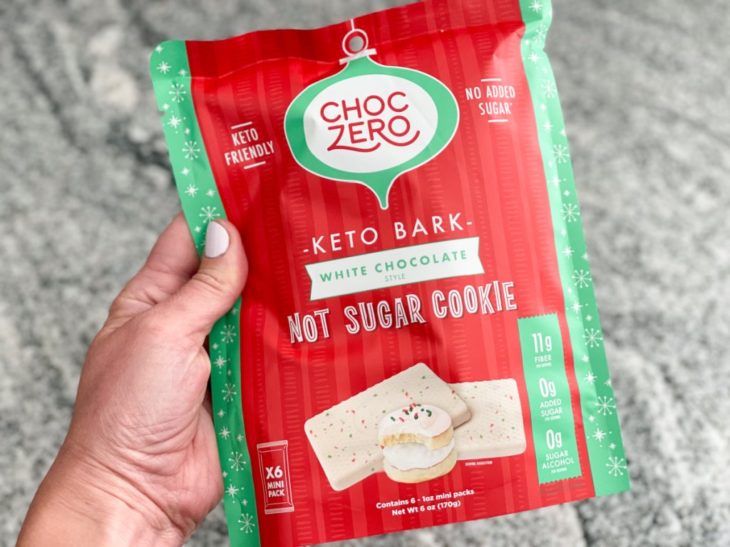 choczero keto bark not sugar cookie holding the bag