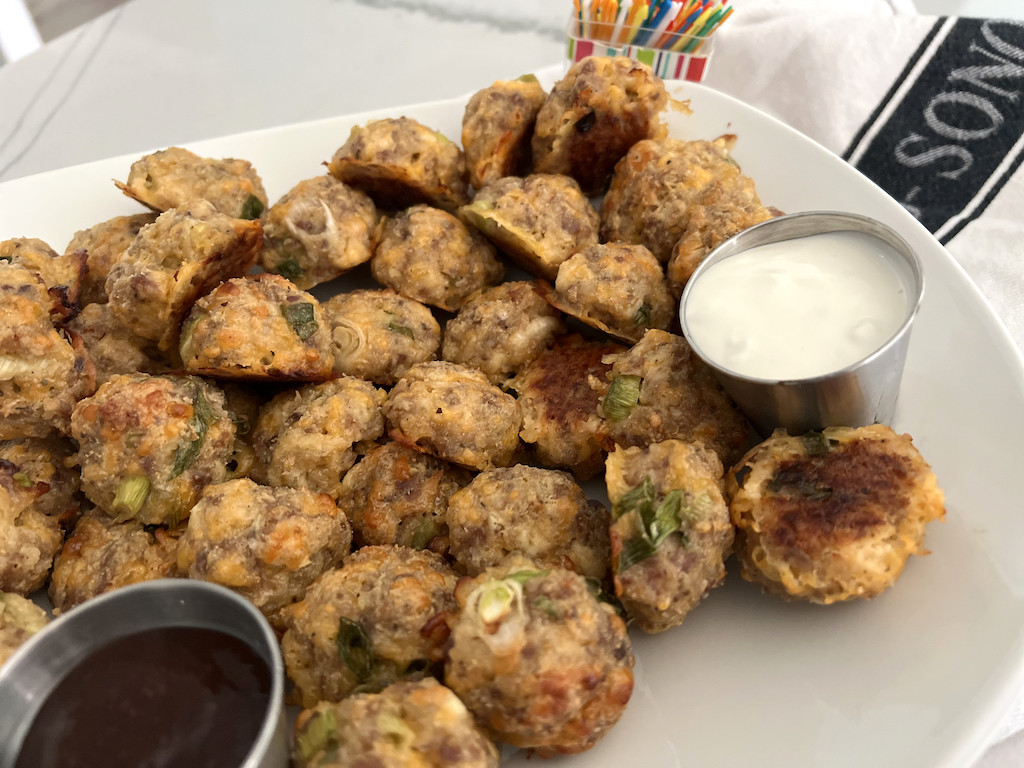 cream cheese sausage balls on tray 