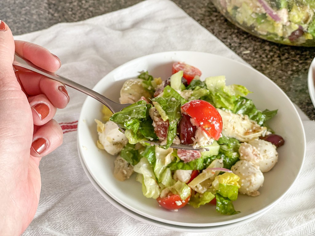 bites of keto antipasto salad on a fork