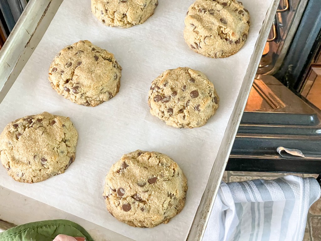 baked keto copycat crumbl cookies on baking sheet