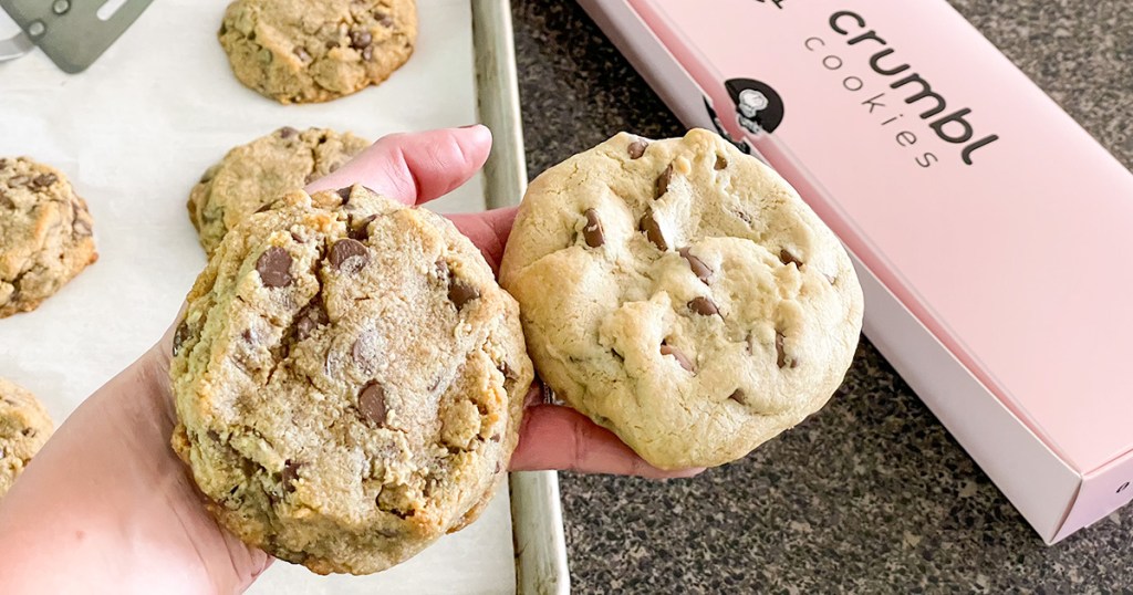 keto crumbl cookie copycat holding the cookies