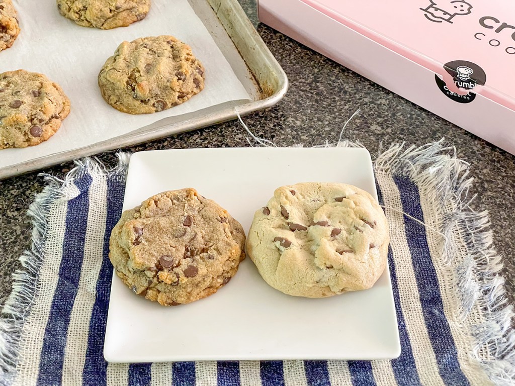 keto copycat crumbl cookies next to real crumbl cookies