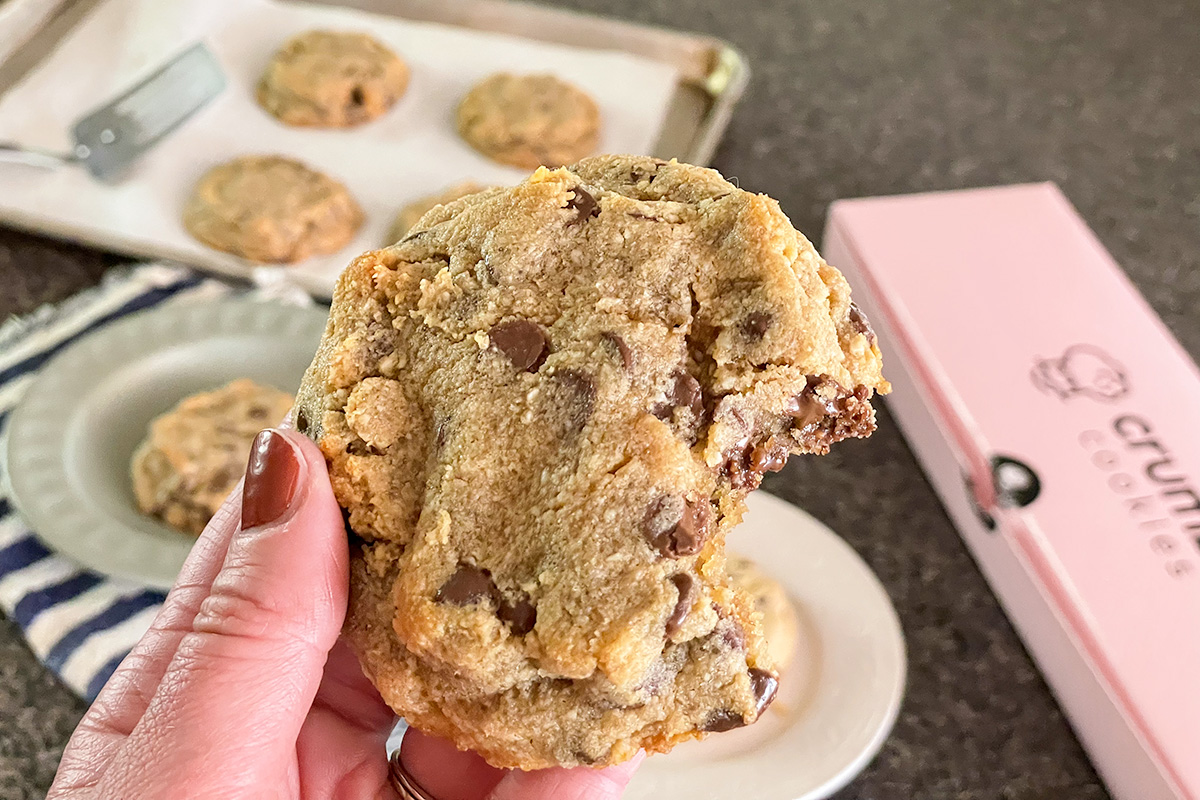 holding a keto copycat crumbl cookie