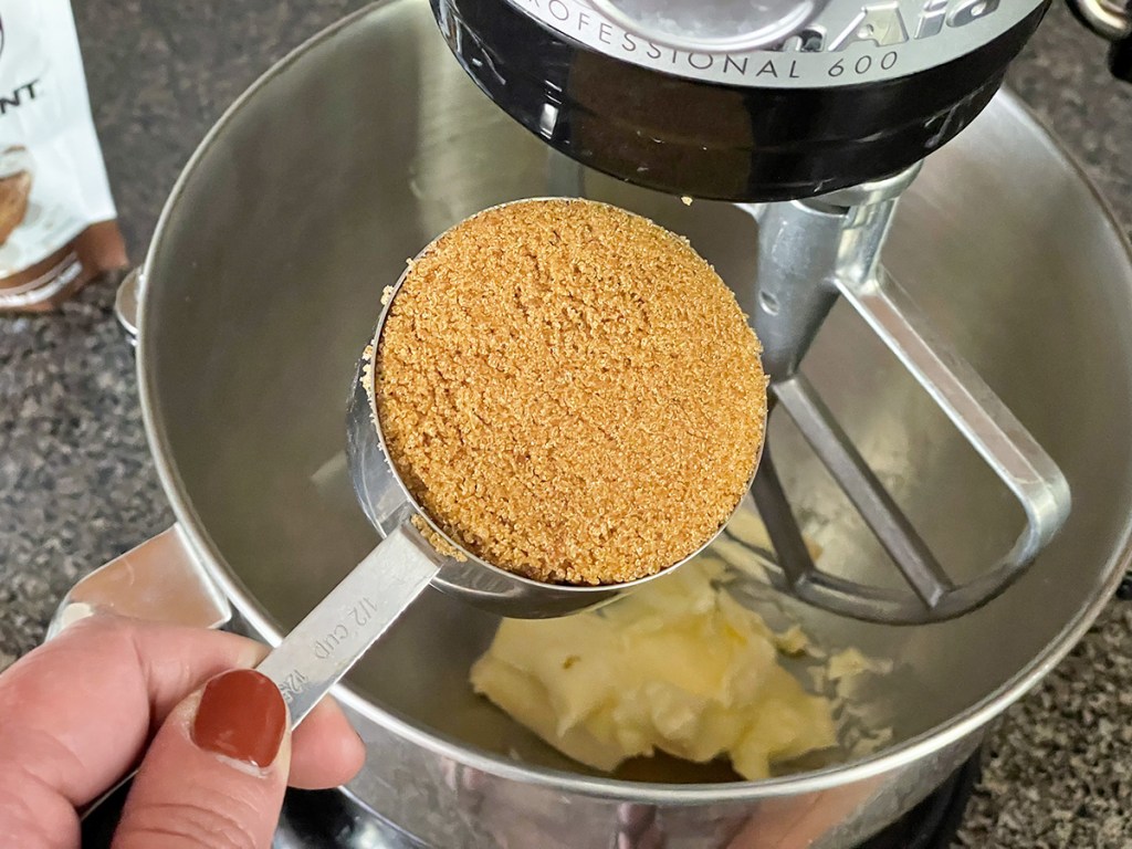 adding keto brown sweetener to mixing bowl