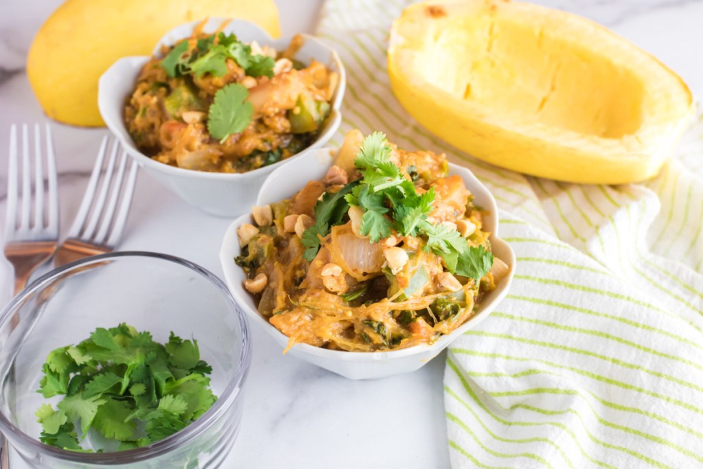 bowl of keto pad thai with spaghetti squash