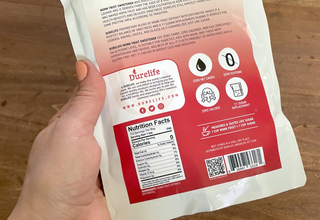 hand holding bag of durelife keto sweetener with nutritional information on bag