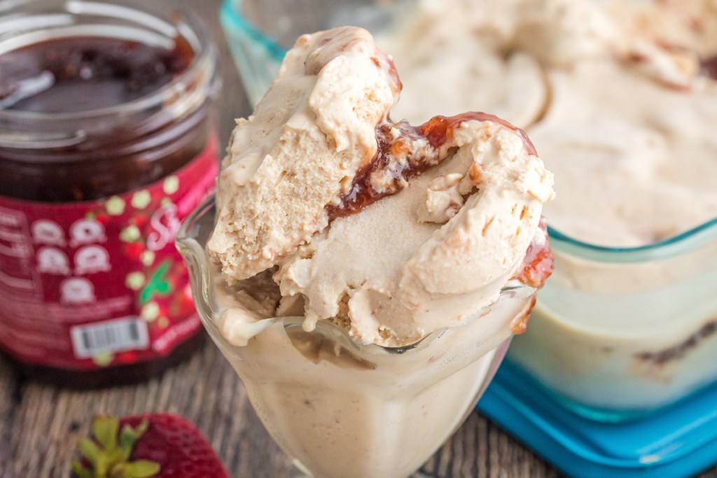 Peanut Butter and Jelly Ice Cream with ChocZero in a bowl